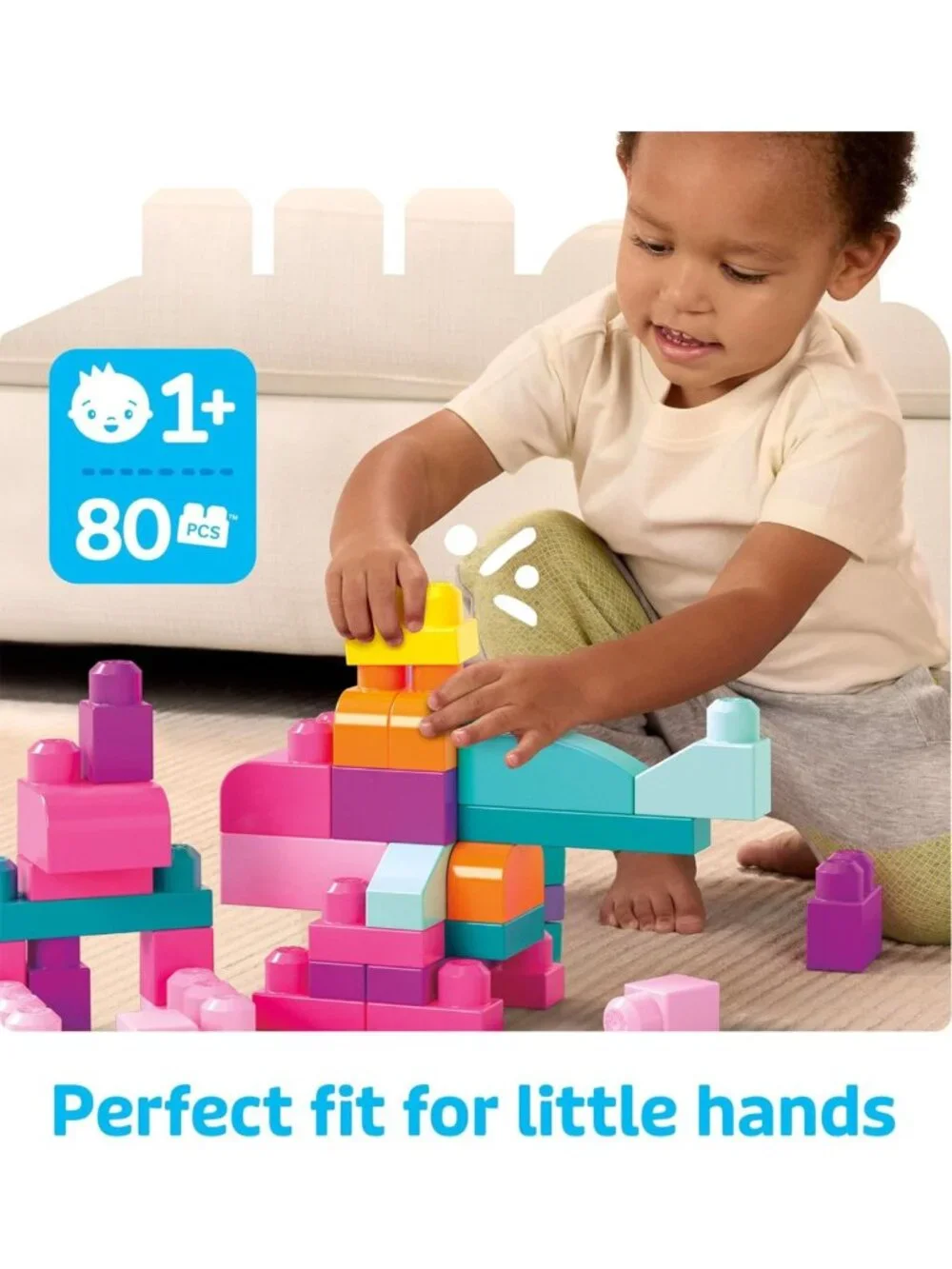 Toddler Building Blocks Set - 80-Piece Mega Bag, Pink Storage for Ages 1